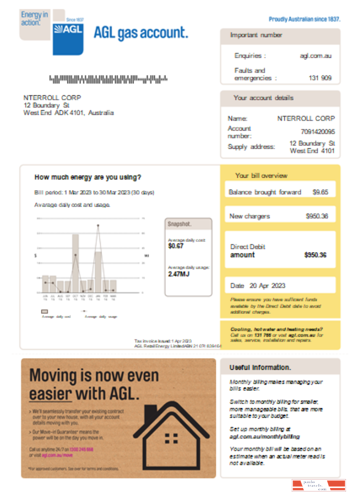 AGL gas utility business bill SCR PSD template